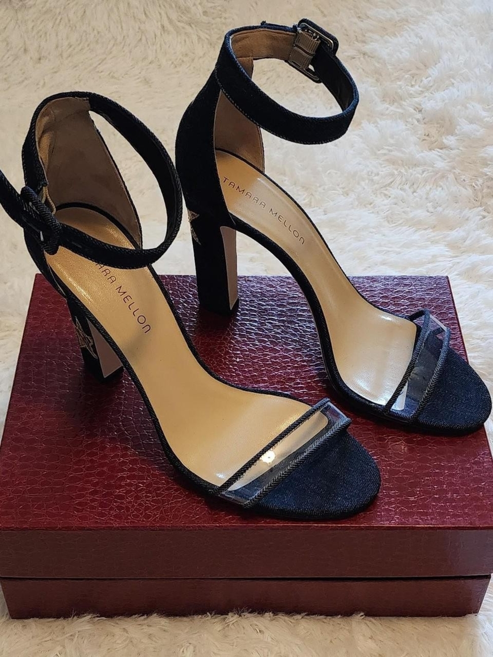 Tamara Mellon Blue Denim Ankle-Strap Sandals. Size 41.5